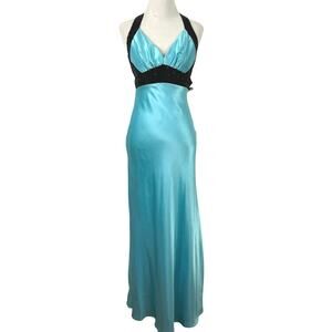 Gunne Sax Vintage Formal Gown Blue Satin Halter Prom Dress Women XS